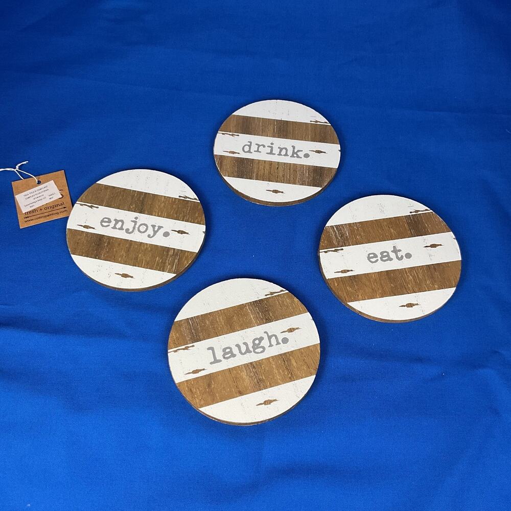 Rustic Wood Drink Coasters Set of 4 Eat Drink Laugh Enjoy Farmhouse Coasters